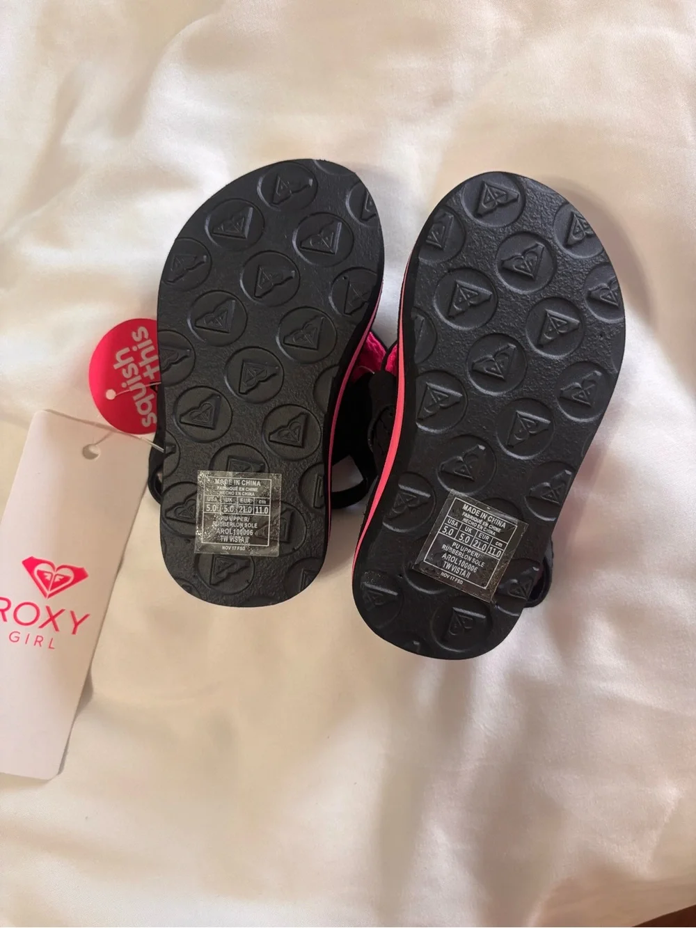 Roxy Kids Black Sandals with Pink and Yellow XOX Graphic